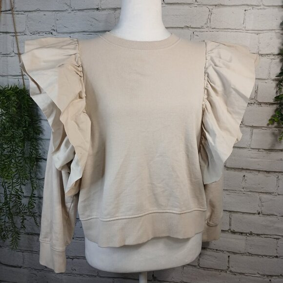 ZARA WOMENS FRILLED RUFFLE SWEATSHIRT, SIZE SMALL, CREAM COLOR, CROPPED - Picture 6 of 9